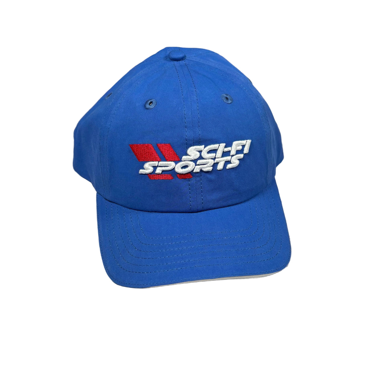 A royal blue baseball cap with 'SCI-FI SPORTS' embroidered on the front, featuring a red and white logo, set against a white background.