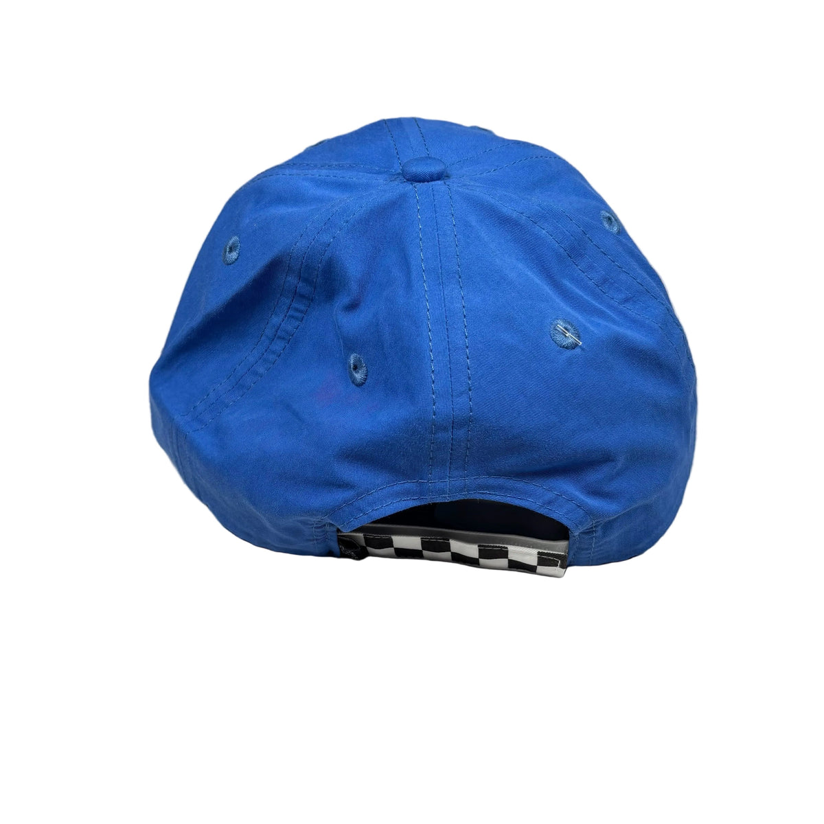 A bright blue baseball cap photographed from the back on a white surface, with a black-and-white checkered strip visible at the back edge.