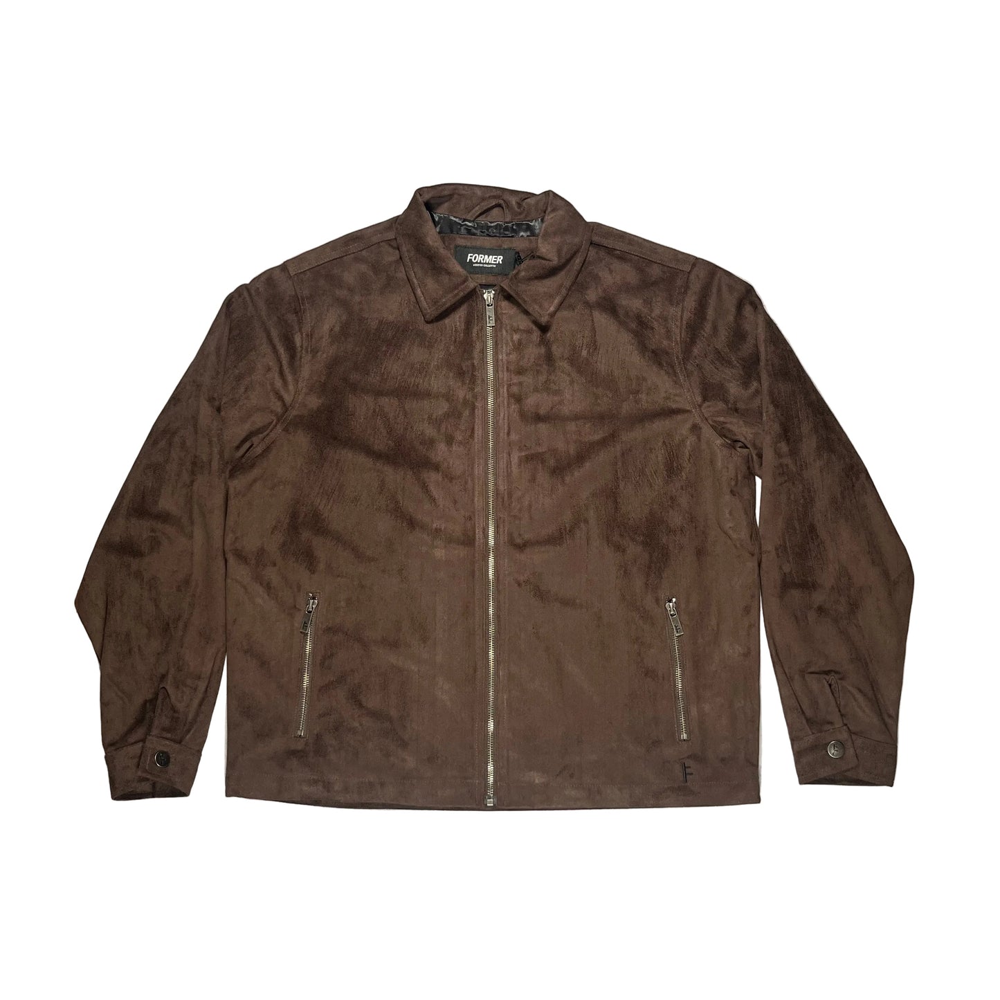 A dark brown faux suede jacket with a front zipper and two zippered pockets, laid flat on a white surface