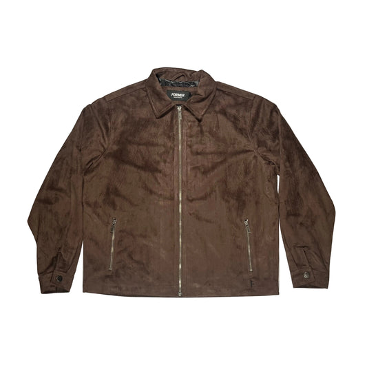 A dark brown faux suede jacket with a front zipper and two zippered pockets, laid flat on a white surface