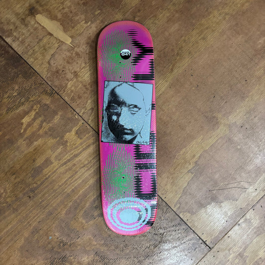 pink collage future style graphic on skateboard deck
