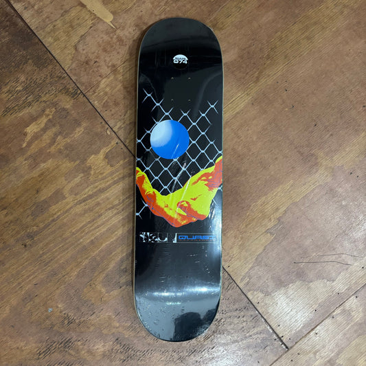 black skateboard deck with a fence and a ball on it