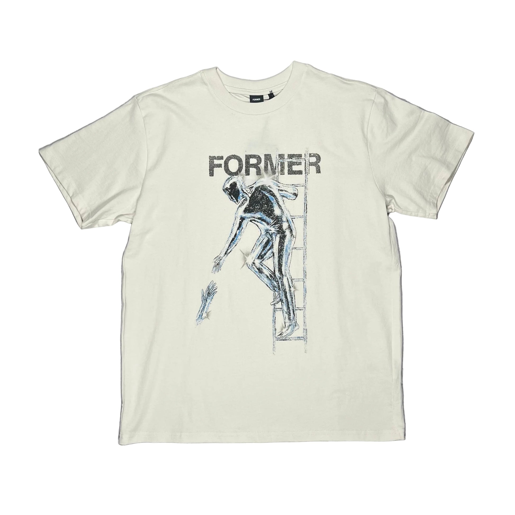 An off-white short-sleeve graphic t-shirt laid flat on a white surface. The shirt features a dark graphic print of a figure climbing a ladder with the word 'FORMER' printed above it.