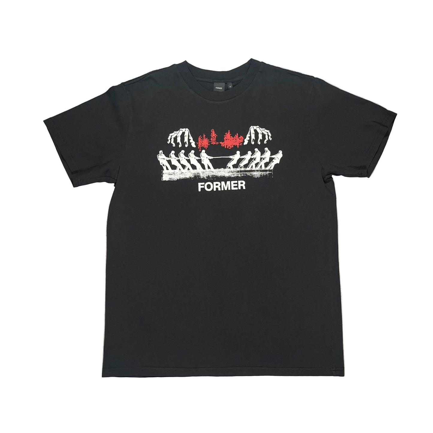 A black short-sleeve t-shirt laid flat on a white surface, featuring a white and red graphic print on the chest with the word 'FORMER' underneath.