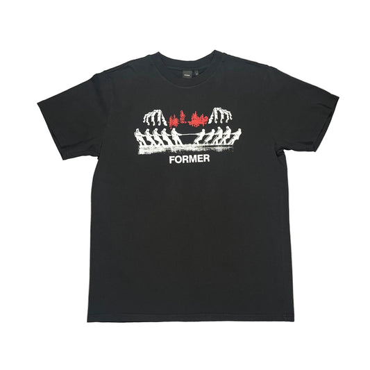 A black short-sleeve t-shirt laid flat on a white surface, featuring a white and red graphic print on the chest with the word 'FORMER' underneath.