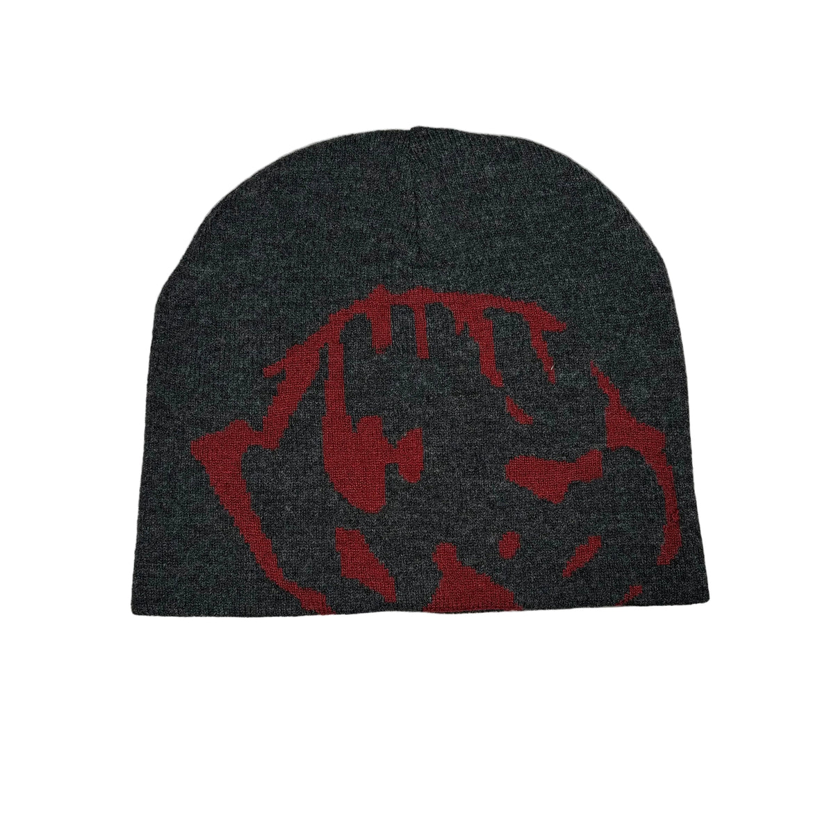 A dark charcoal gray wool beanie with a red stylized graphic on the front, displayed flat against a white background