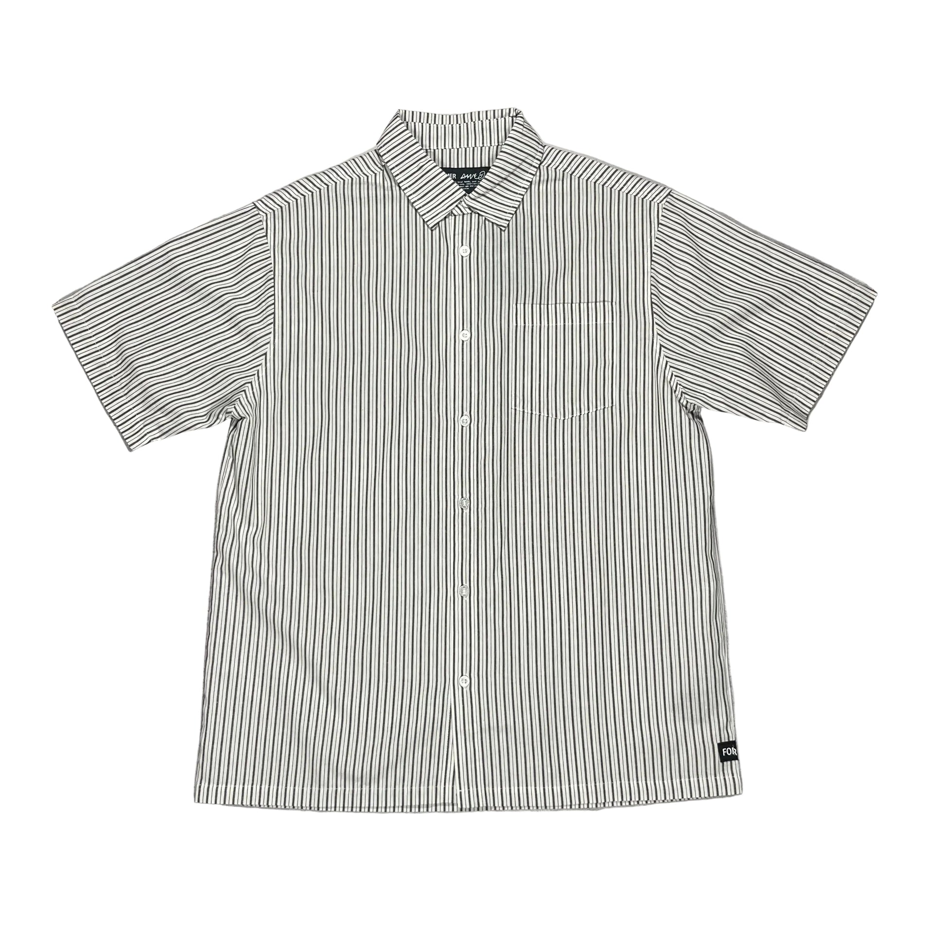 A short-sleeve button-up shirt with thin vertical black stripes on a beige base, on a white background
