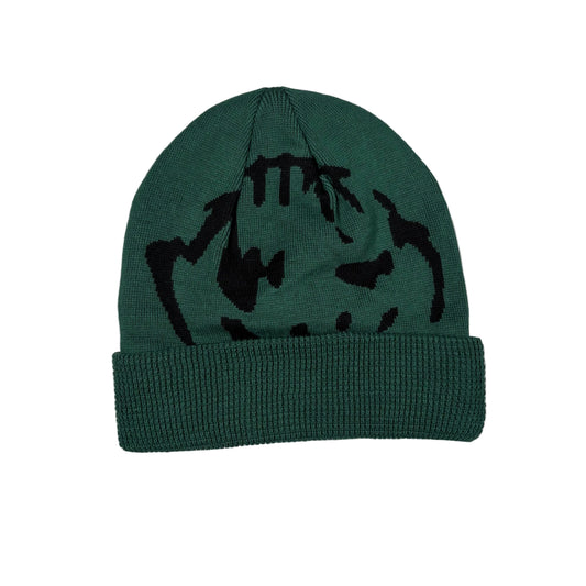 A dark green knit beanie with a black graphic pattern on the front, displayed flat against a white background