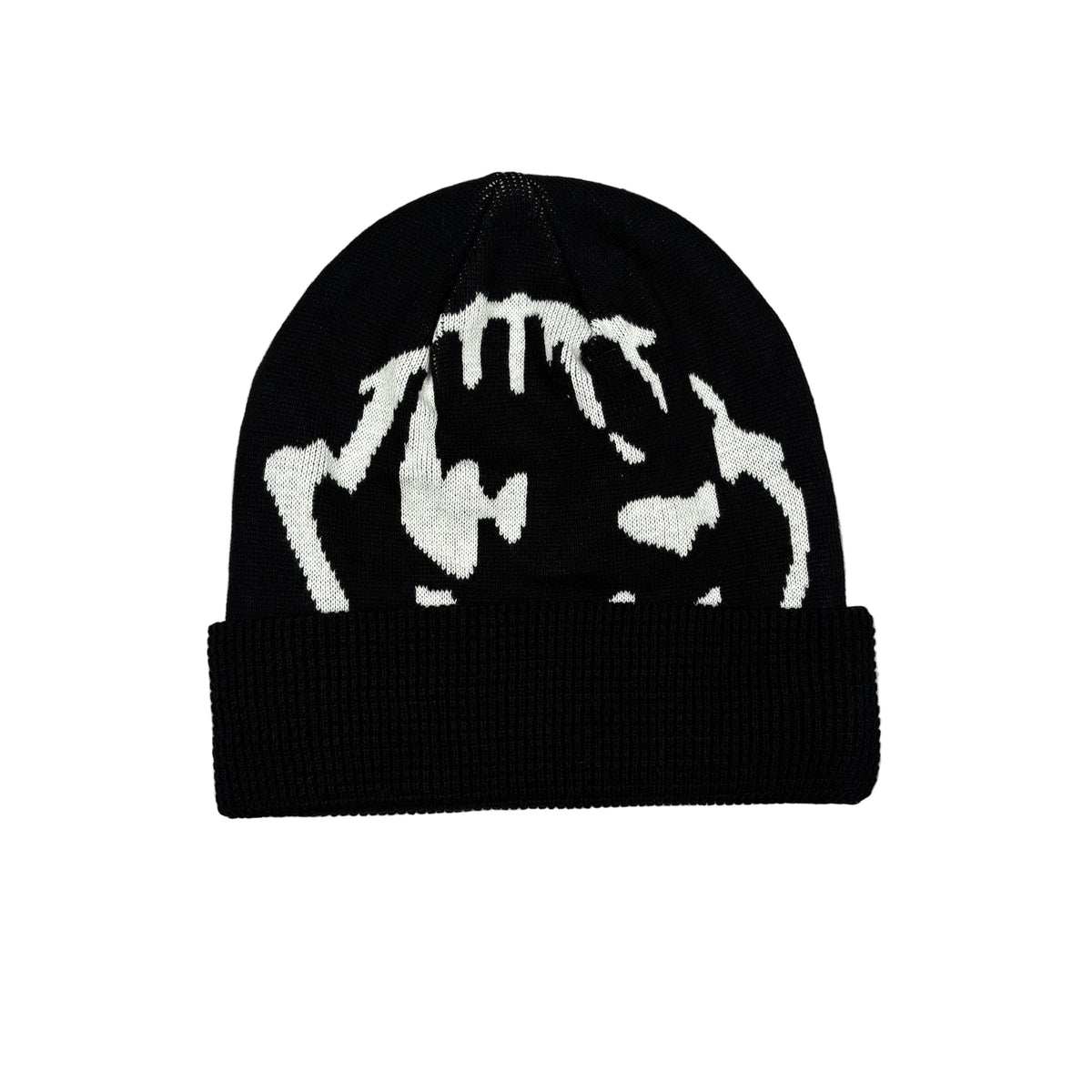 A black knit beanie with a white graphic design on the front, displayed flat a white background