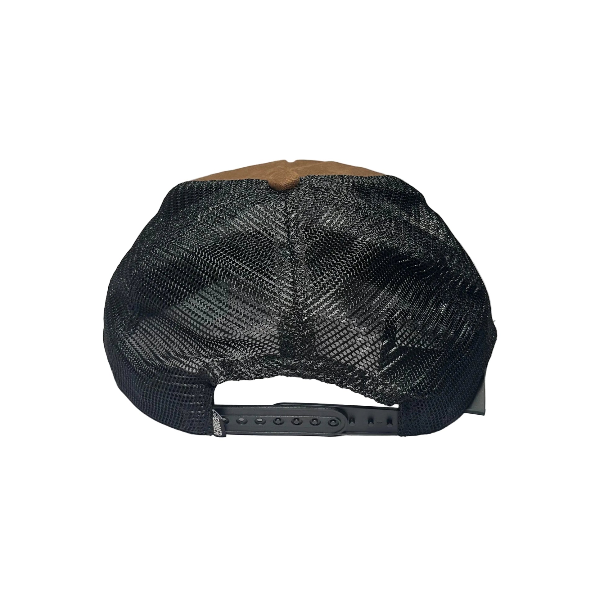 A black trucker-style cap viewed from the back, featuring a black mesh back and an adjustable black plastic snap closure, resting on a white background