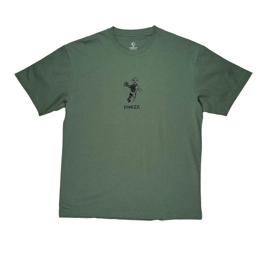 An olive green short-sleeve t-shirt with a small black graphic of a dancing figure and the word 'DANCER' printed on the chest, laid flat on a white surface