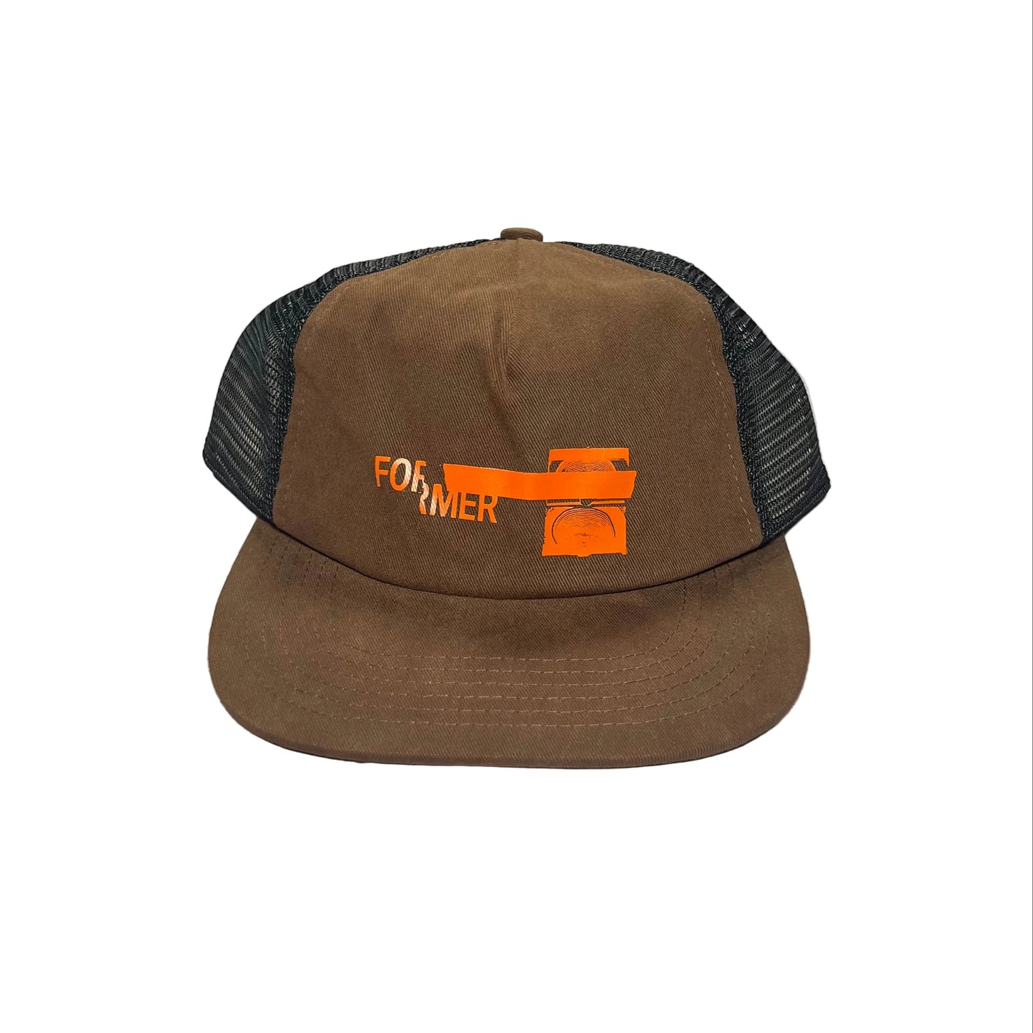 A brown trucker hat with black mesh back panels and an orange embroidered logo on the front, displayed on a white background