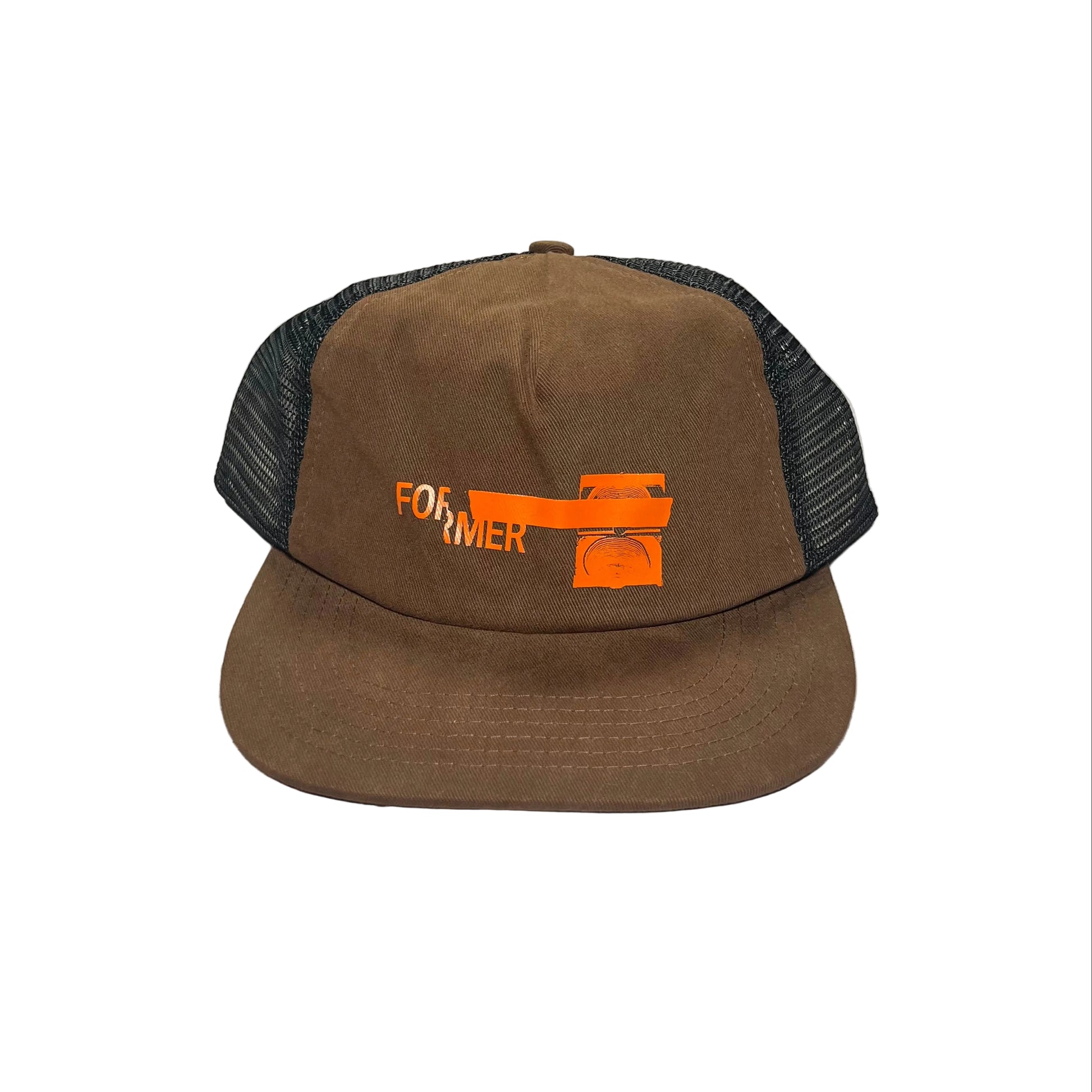 A brown trucker hat with black mesh back panels and an orange embroidered logo on the front, displayed on a white background