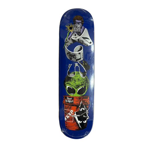 A skateboard deck with a vibrant blue background and a vertical stack of stylized cartoon alien and robot illustrations in green, white, and red, shown on a white surface.