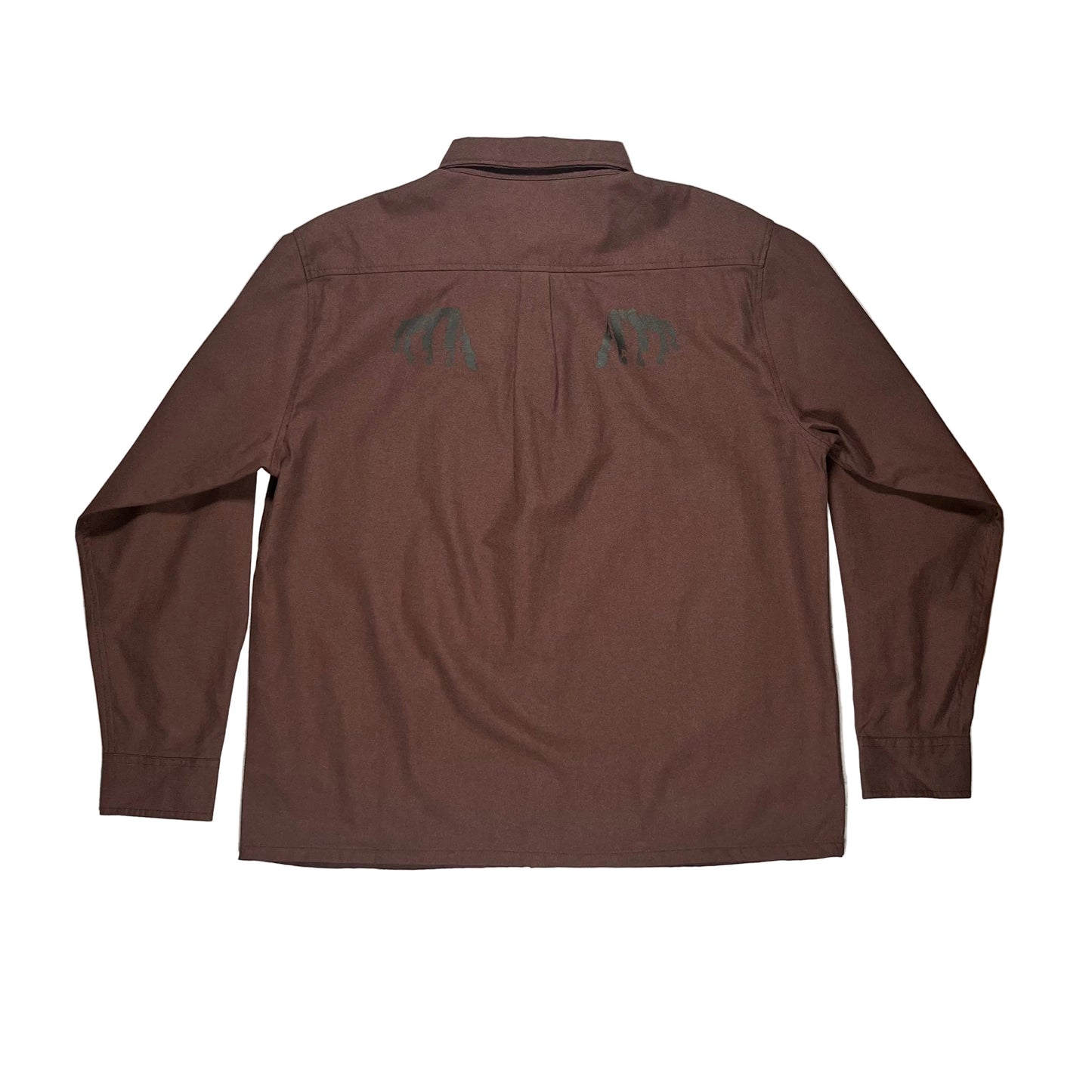 A brown long-sleeve button-up shirt shown from the back, laid flat on a white surface. Two small dark embroidered mountain-like logos are visible near the upper back