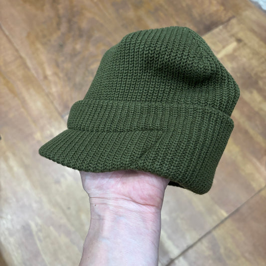 olive acrylic beanie with built in visor