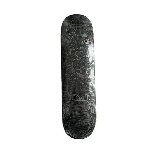 A Real skateboard deck in clear protective plastic wrap, featuring a detailed black and gray line art design of a birds and sunburst, photographed flat on a white background.