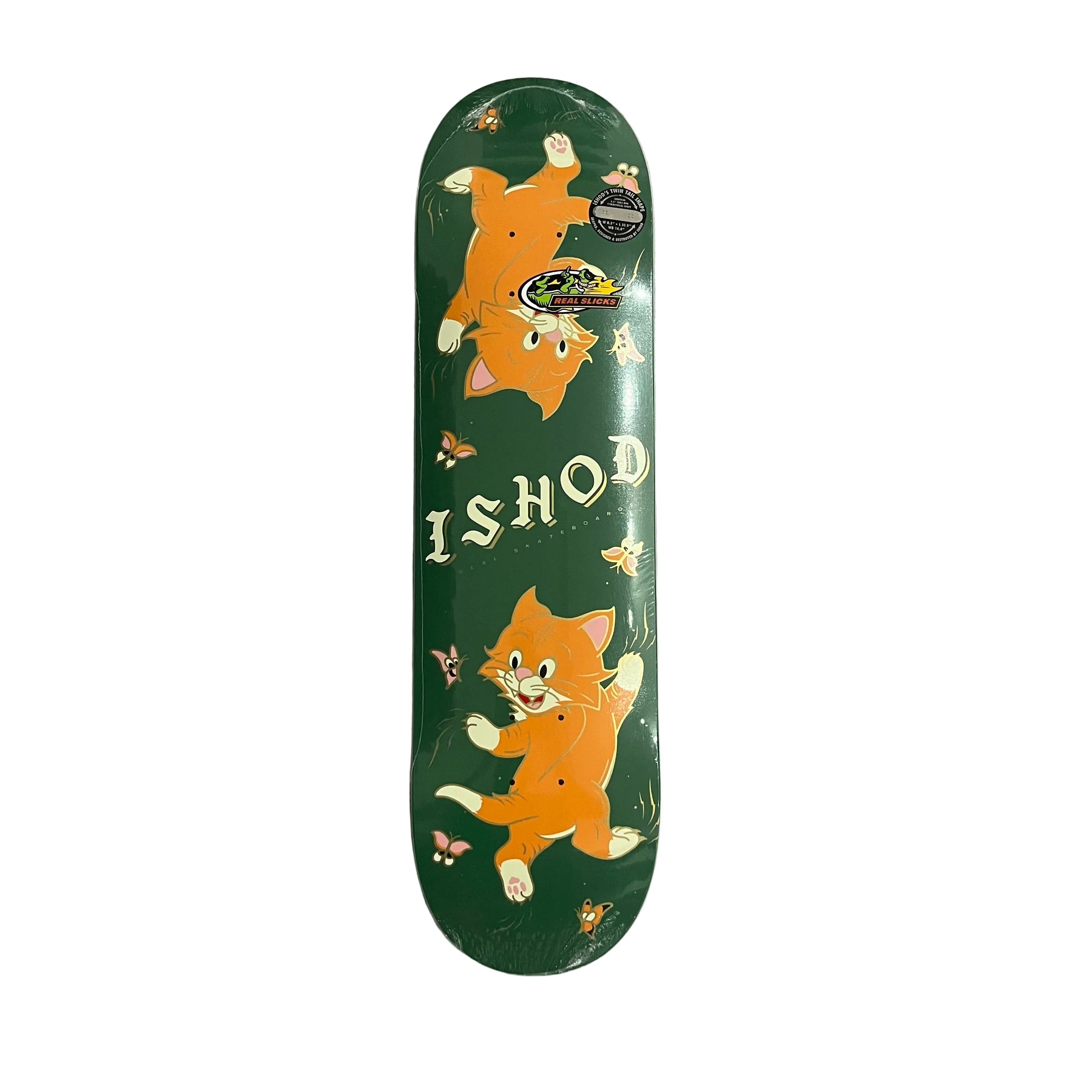 A green skateboard deck featuring cartoon orange kittens, butterflies, and the text 'ISHOD' on a white surface.