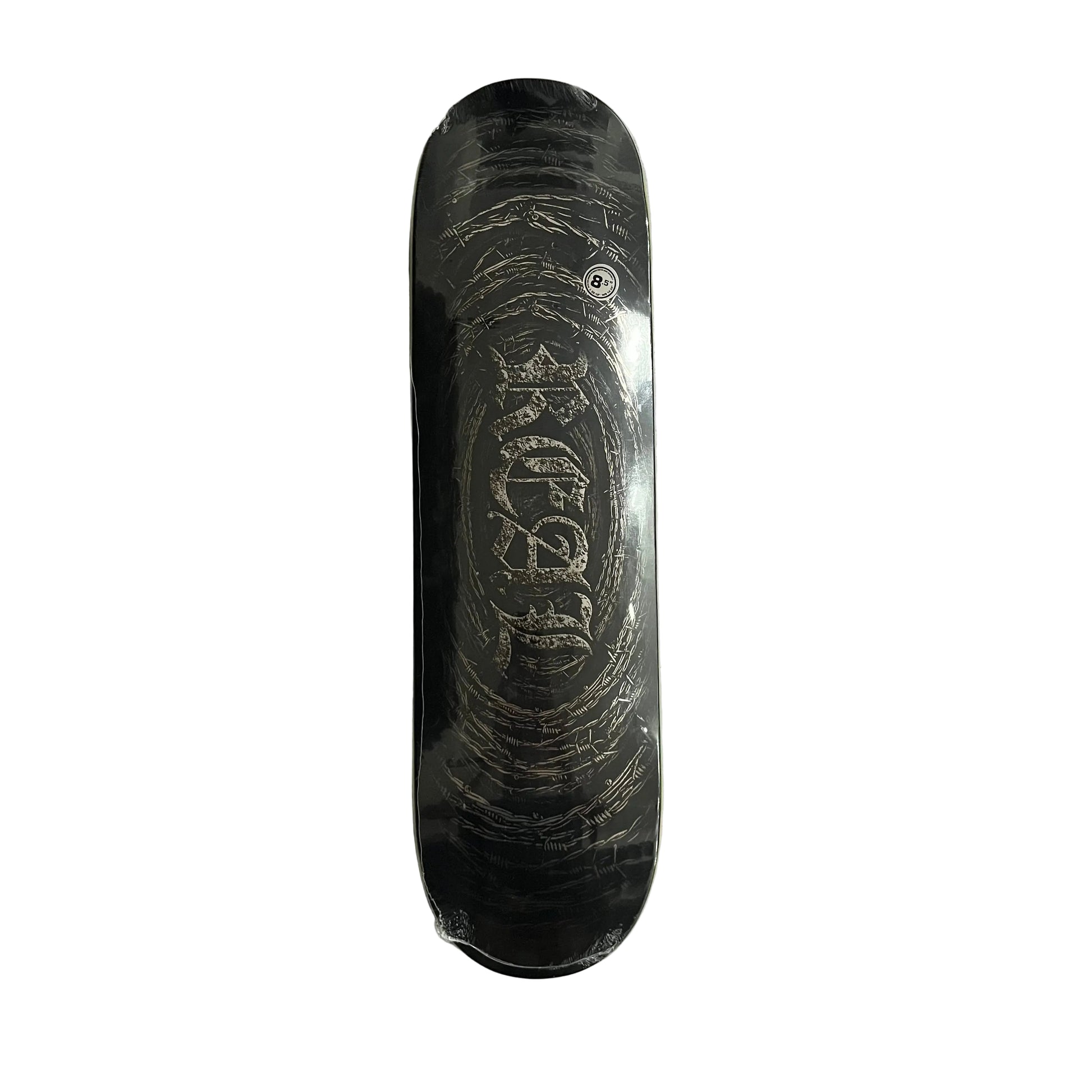A black skateboard deck with a distressed silver graphic design, shown flat on a white surface.
