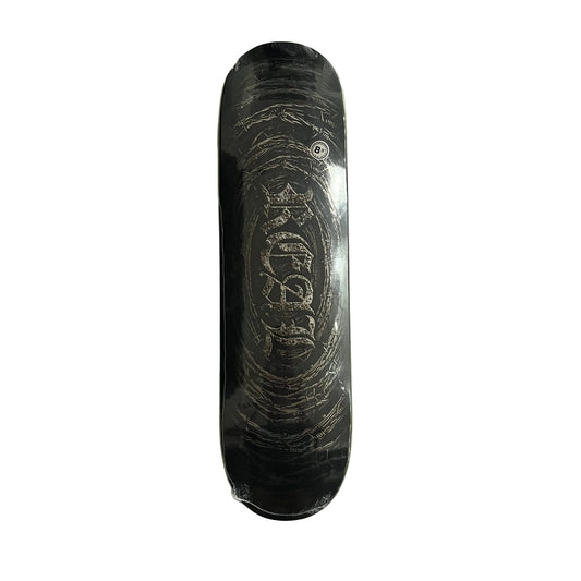 A black skateboard deck with a distressed silver graphic design, shown flat on a white surface.