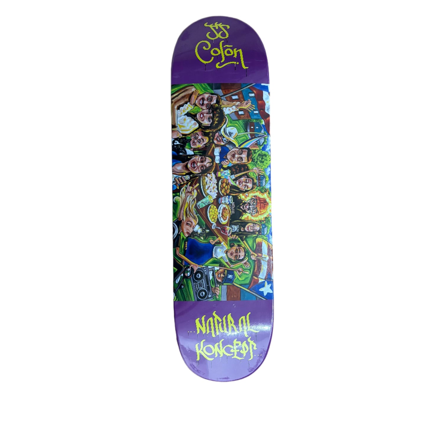 purple and multi color skateboard with tons of people and a backyard party going on