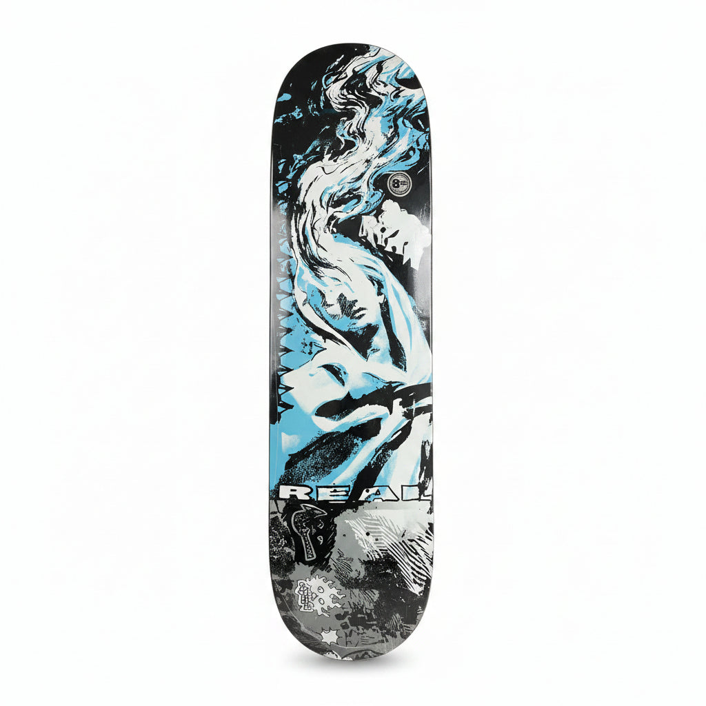 A skateboard deck with a graphic design featuring a stylized face in blue, white, and black, displayed vertically on a white surface.