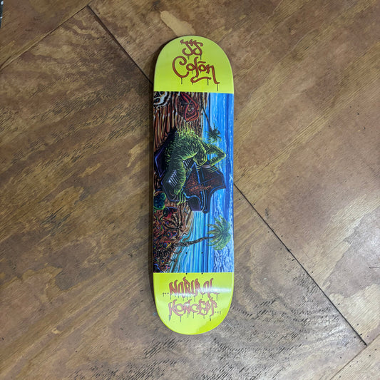 view of yellow and multi color skate deck with sloth playing the piano