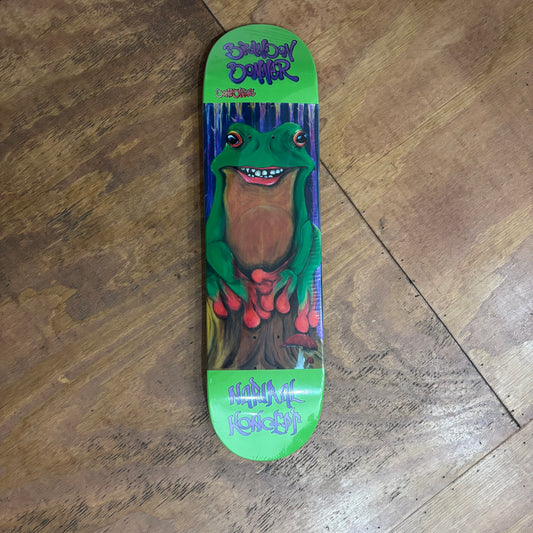 green graphic with frog on center of the board