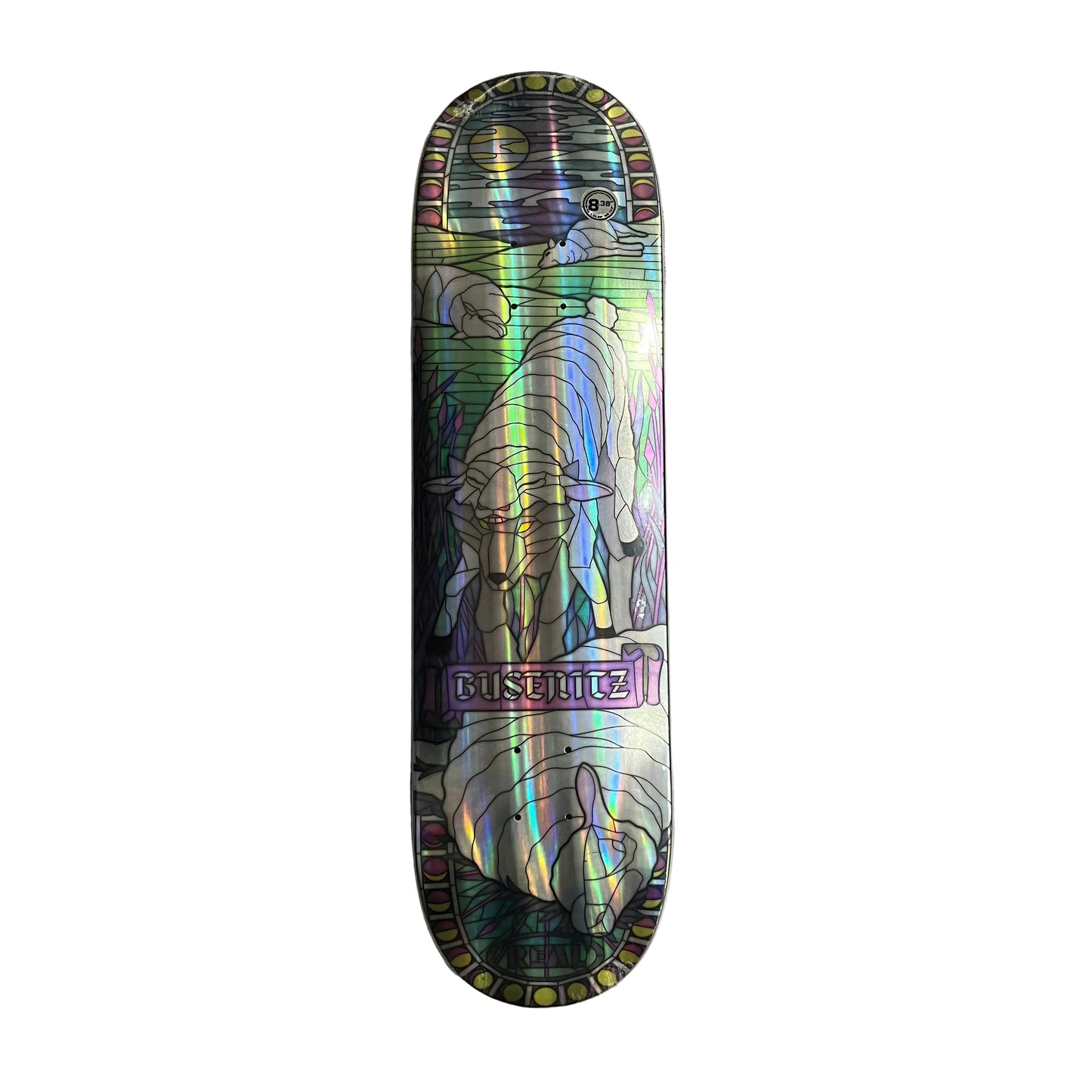 A custom skateboard deck featuring a holographic, iridescent finish with a stylized illustration sheep, resting on a white surface.