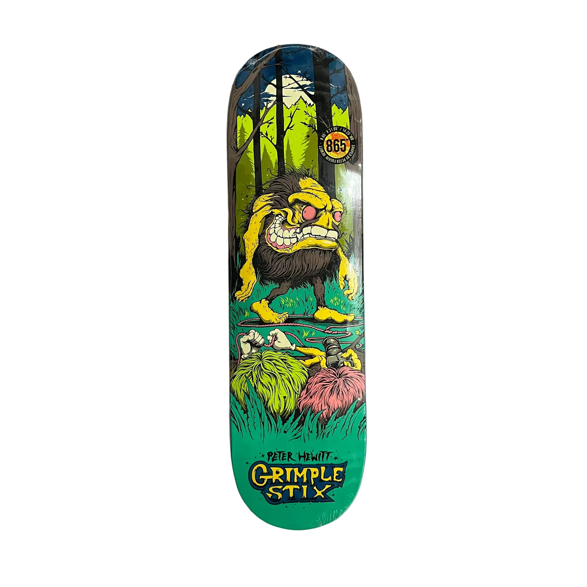 A Grimple Stix skateboard deck featuring a colorful graphic illustration of a grumpy monster in a forest, displayed flat on a white surface.