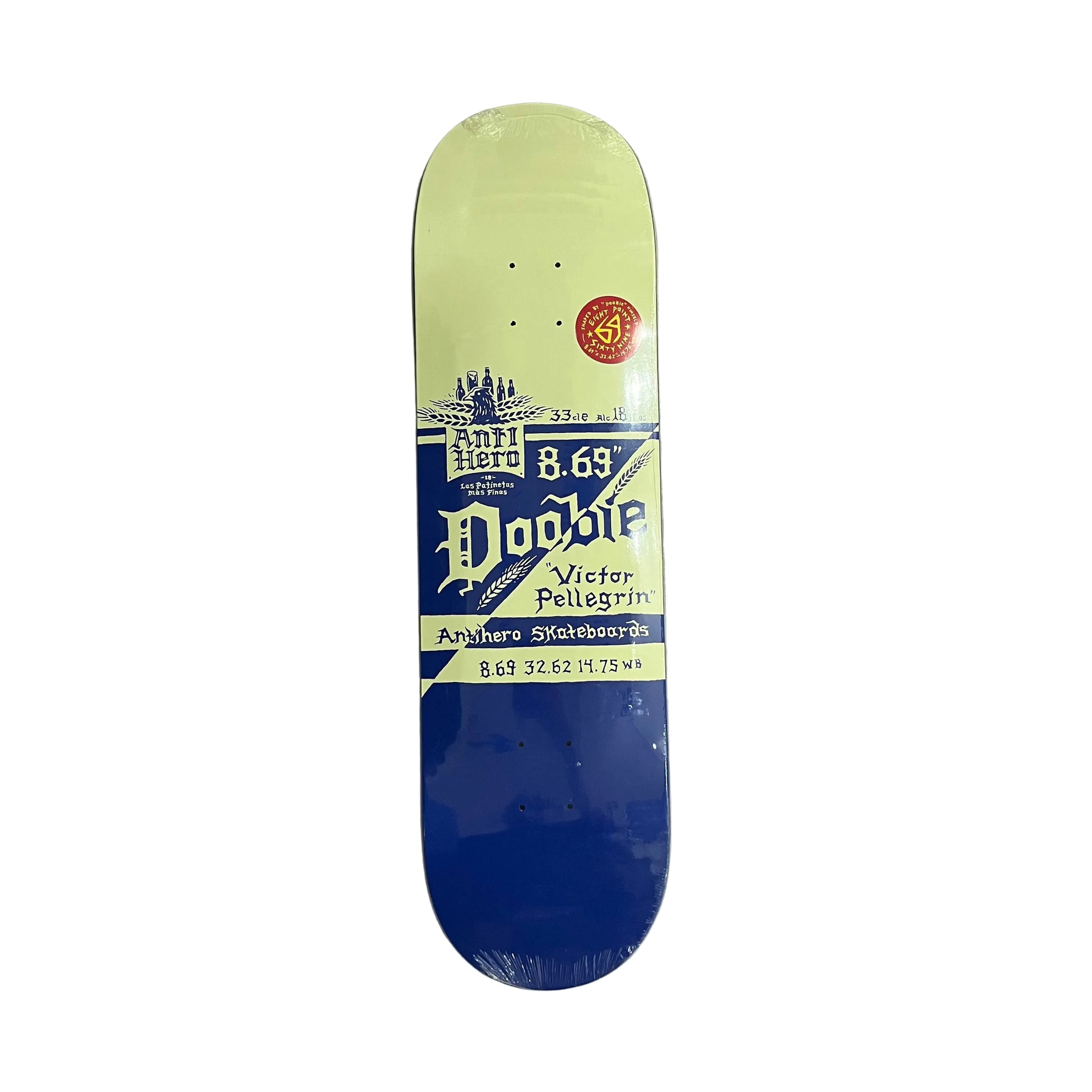 A vintage-style skateboard deck with a pale yellow top half and a deep blue bottom half, featuring retro typography that reads 'Doobie' and 'Victor Pellegrin' on a white surface.