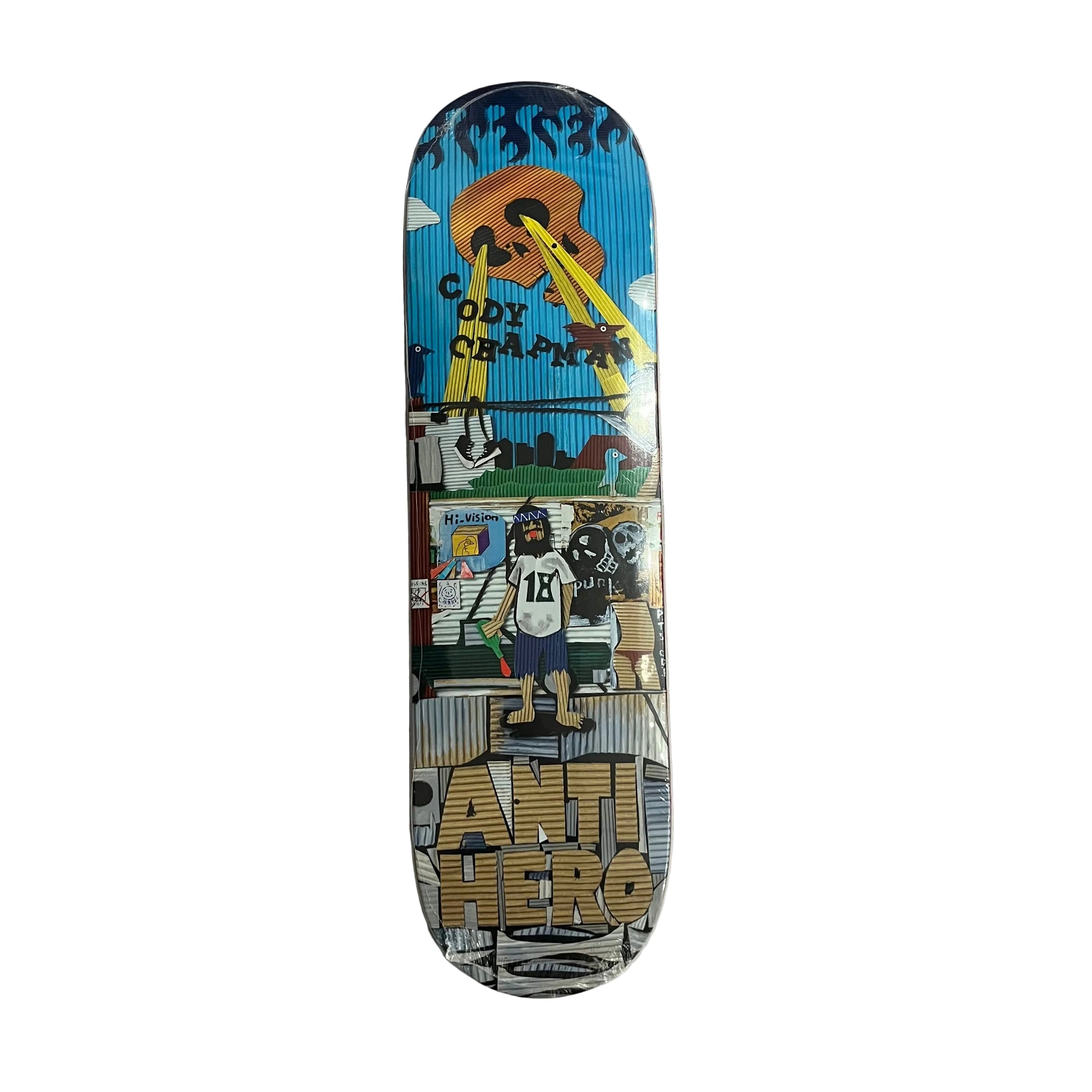 A skateboard deck featuring a detailed comic-style illustration with the text 'Cody Chapman' at the top and 'ANTI HERO' at the bottom, displayed on a white surface.