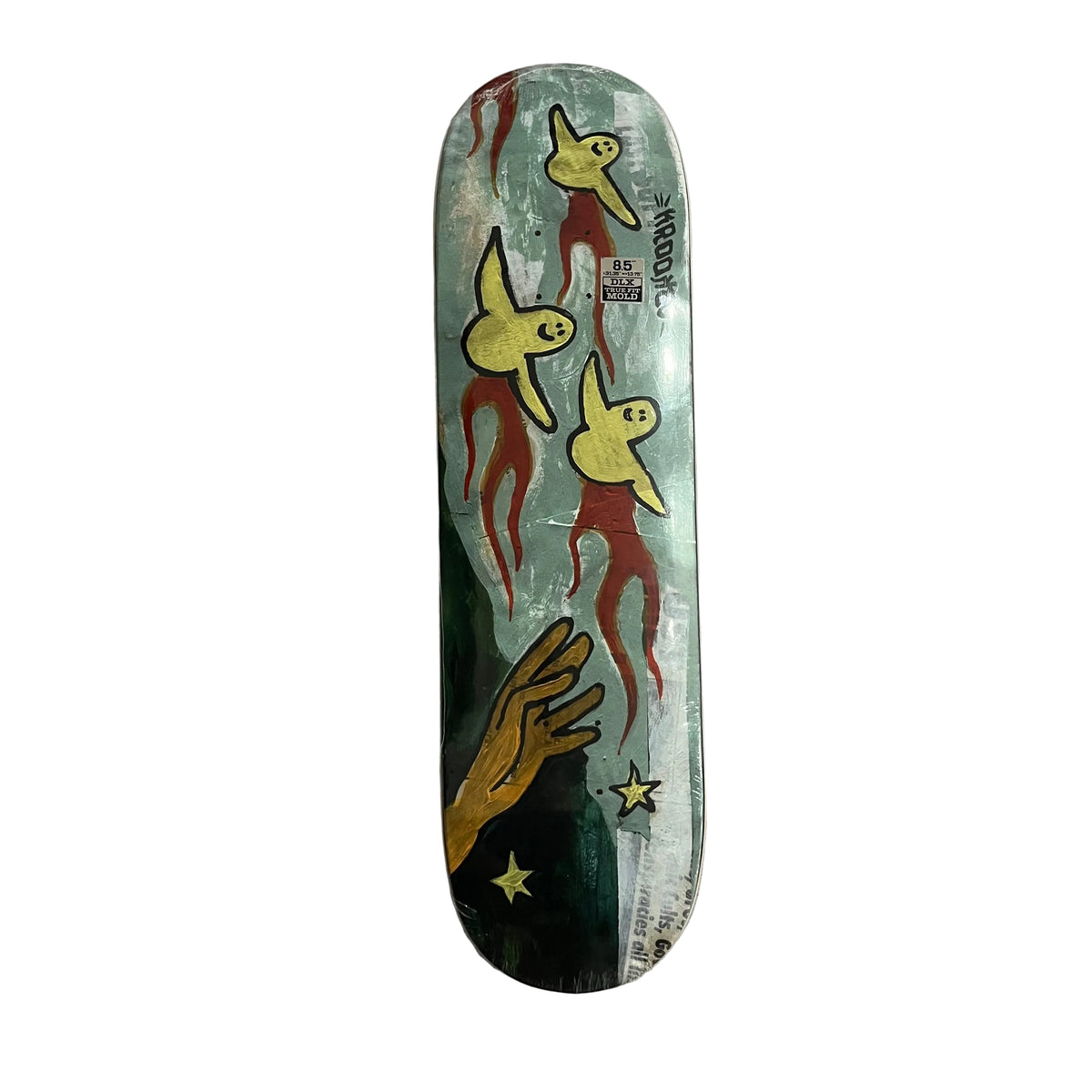 A vintage skateboard deck featuring a surreal illustration of three yellow birds with flames, a hand reaching down, and stars on a textured mint green and black background. The deck is photographed flat on a white surface.