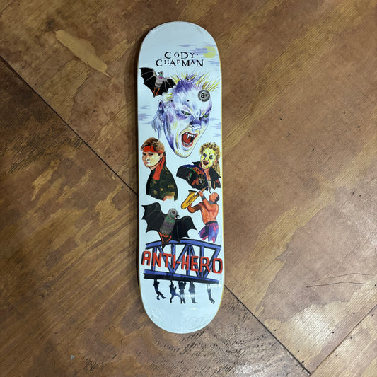 white skateboard deck with movie characters hand drawn on the deck