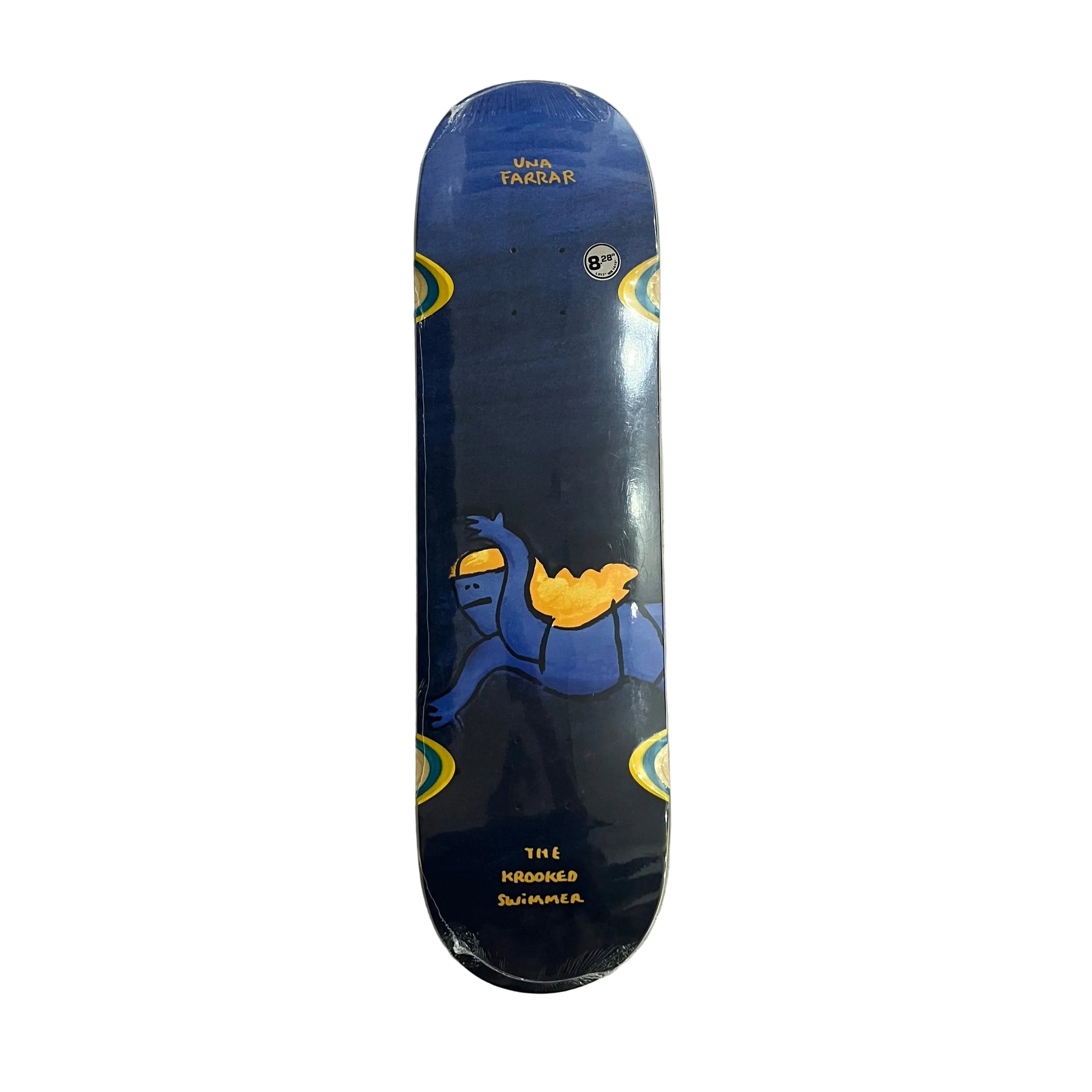 A skateboard deck featuring a dark blue background with a graphic of a blue and yellow figure and gold text, shown on a white surface.