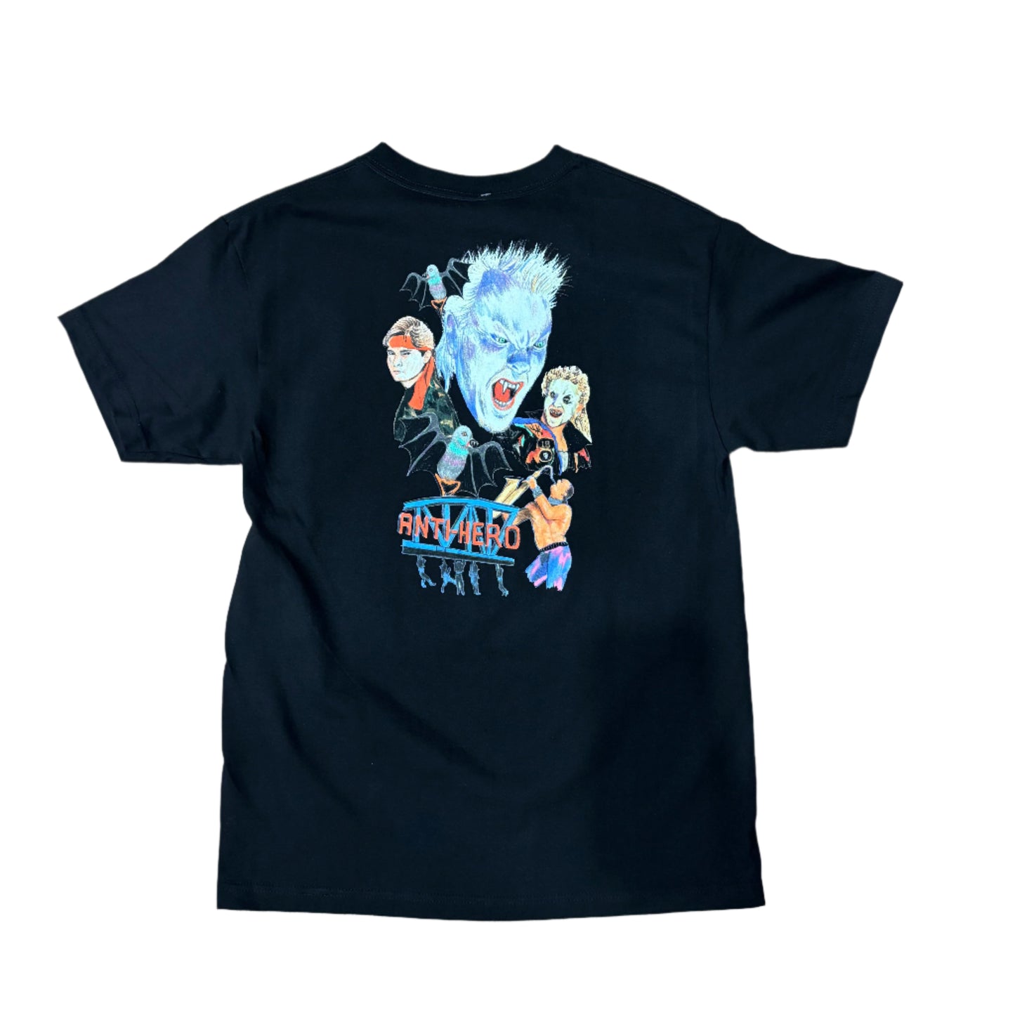 view of back of black t-shirt with characters from movie drawn on back