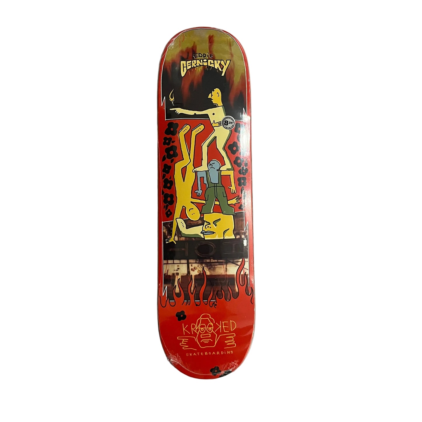 A custom skateboard deck featuring a red background with a central graphic of a yellow figure standing on a black and yellow structure, surrounded by flames and leopard spots. The top and bottom edges show 'KROOKED' branding. Photographed on a white surface.