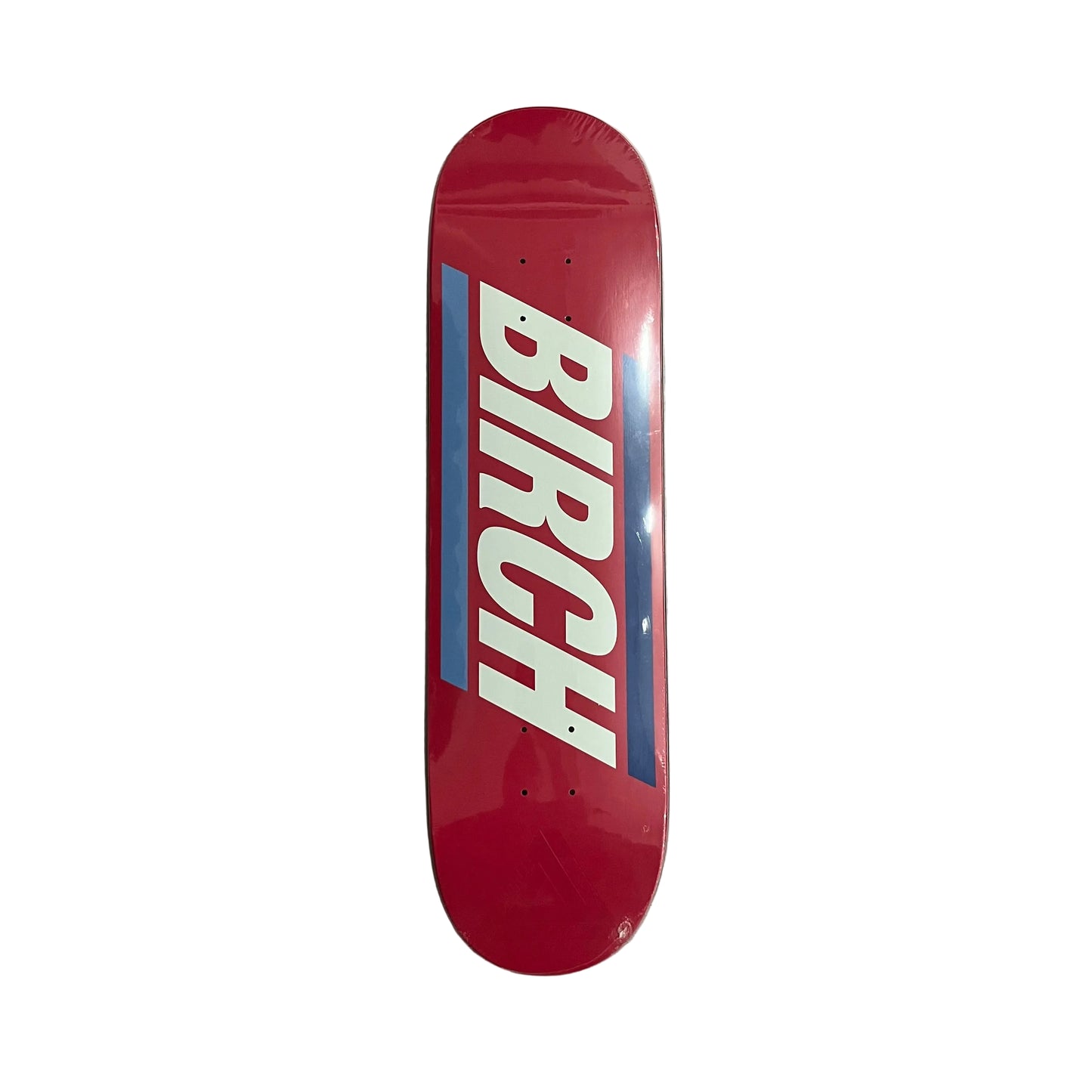 A red skateboard deck with a bold white 'BIRCH' logo printed vertically on the side, resting on a white surface.