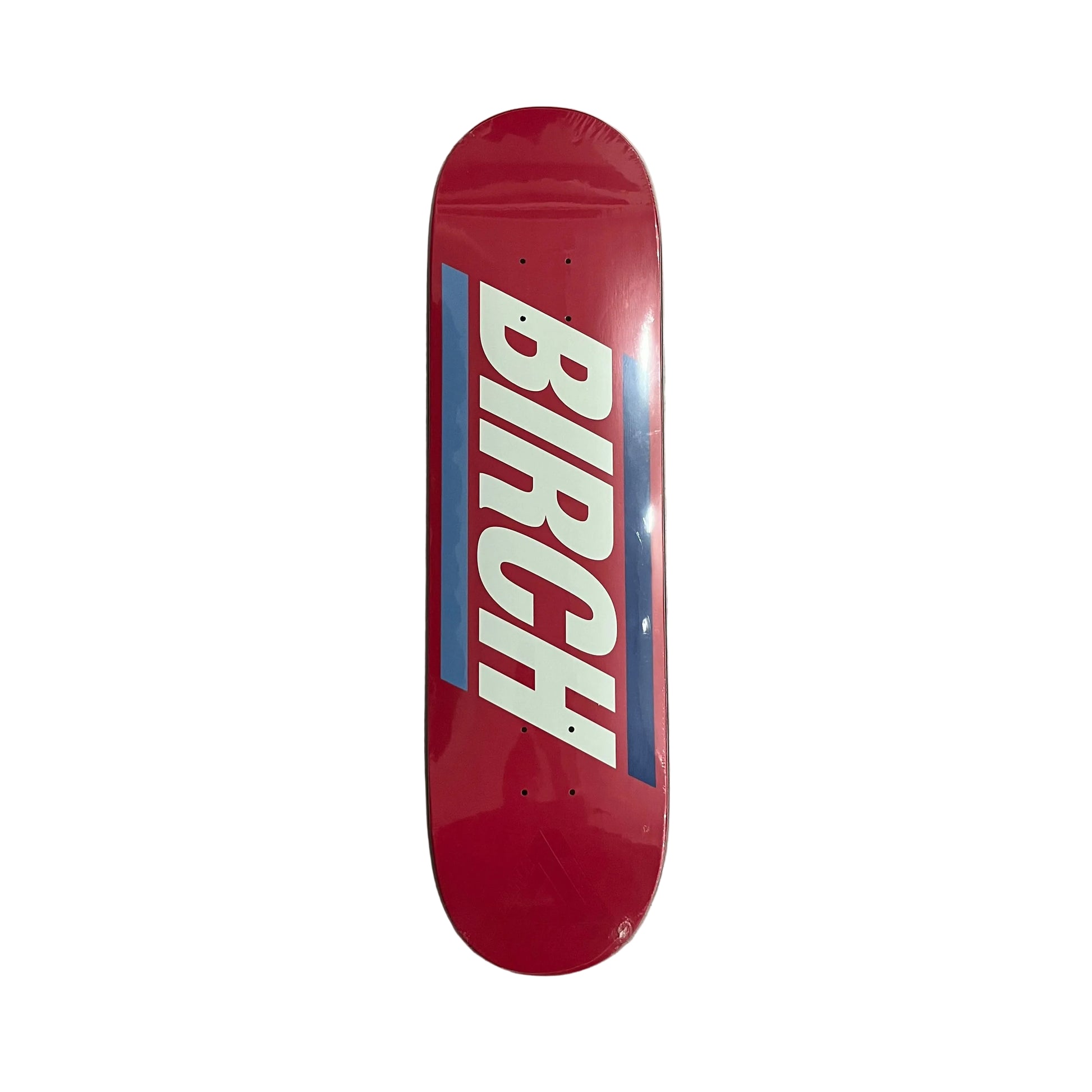 A red skateboard deck with a bold white 'BIRCH' logo printed vertically on the side, resting on a white surface.
