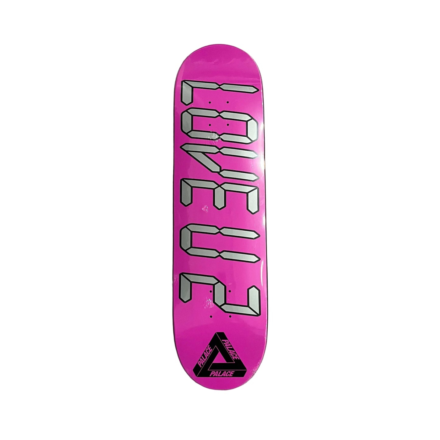 A pink skateboard deck with a large 3D-effect 'LOVE U 2' graphic in light gray and a black Palace logo at the bottom, photographed from above on a white surface.