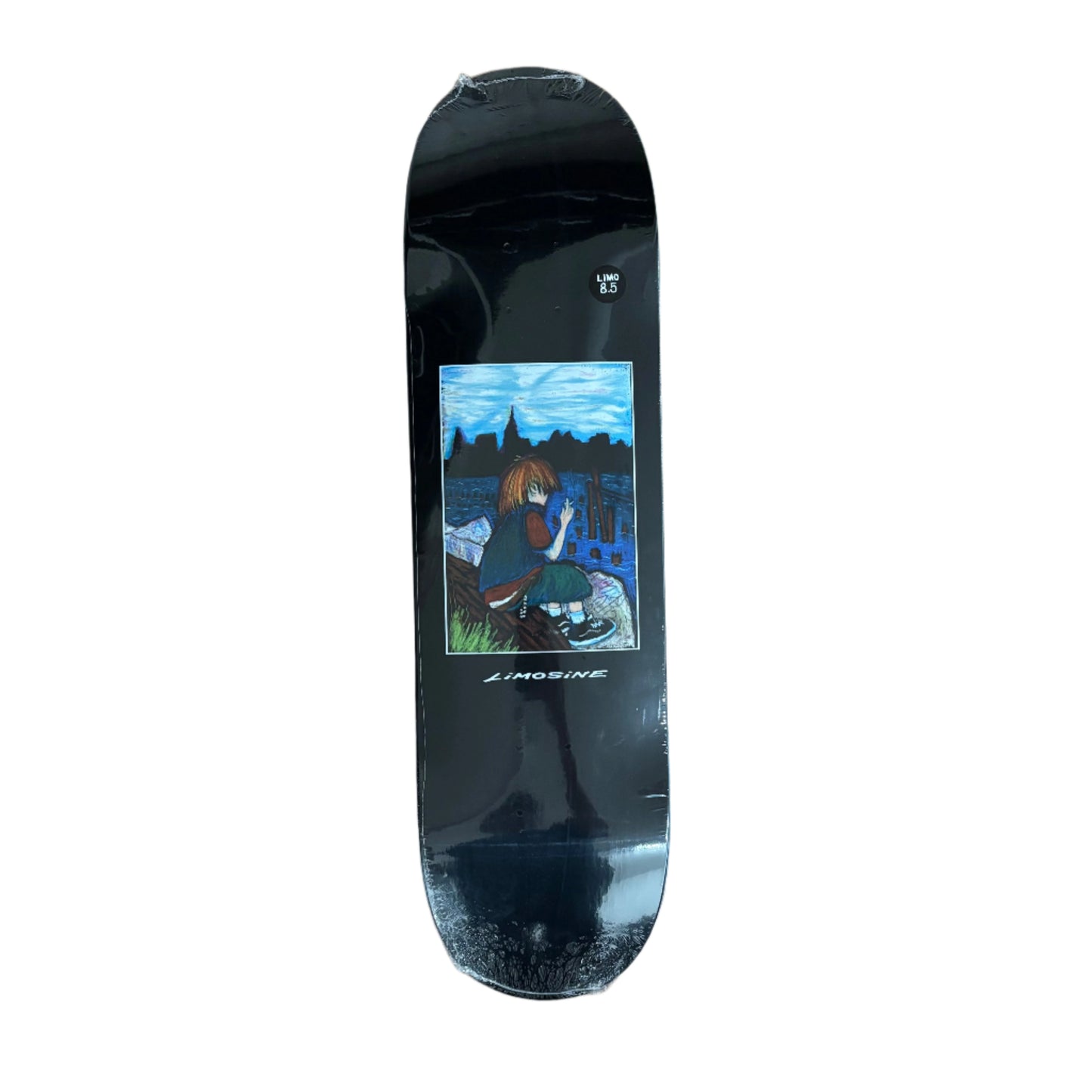 black skateboard deck with hand drawn graphic of kid hanging out by the river 