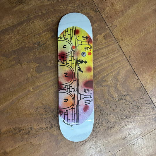 Hand drawn bridge logo on bottom of skateboard deck