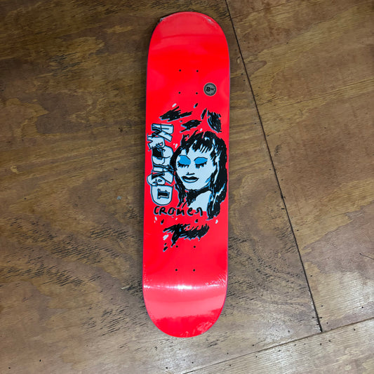 red and blue graphic of womans face on skateboard deck