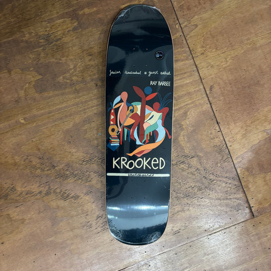 artistic looking human figure shapes on bottom of dark colored skateboard deck