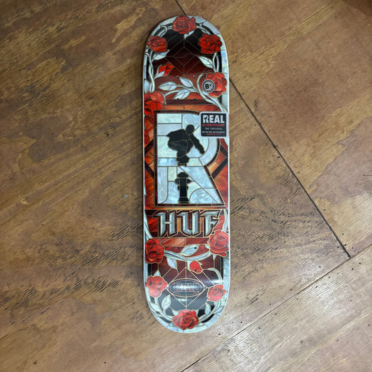 stained glass style graphic of iconic HUF logo of Keith Hufnagel jumping over a fire hydrant