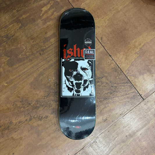 black skateboard deck with a dog on it snarlling