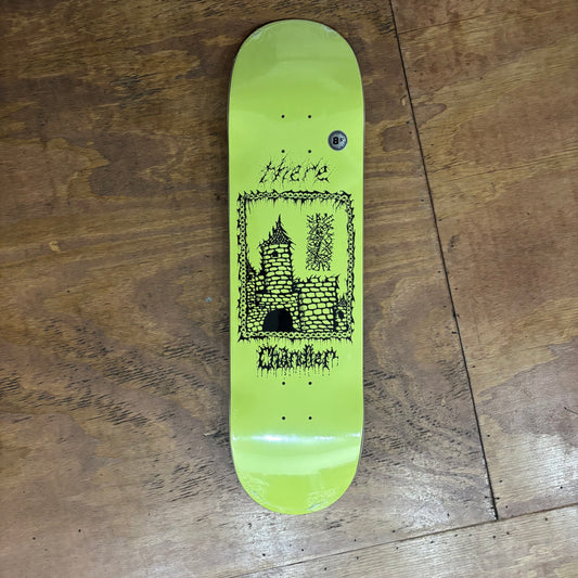 hand drawn graphic of castle on yellow skateboard deck
