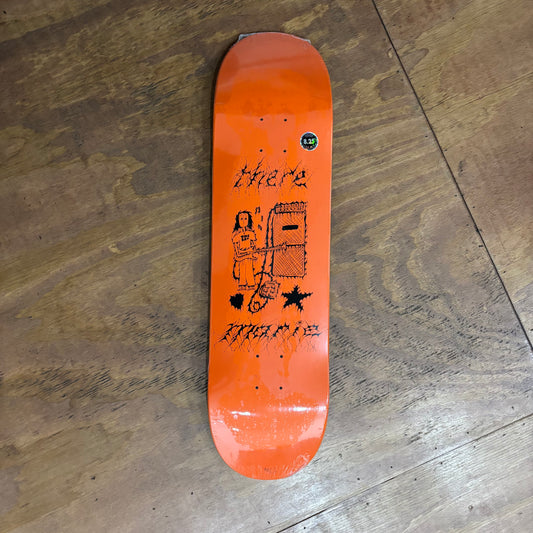 hand drawn graphic on orange skateboard deck