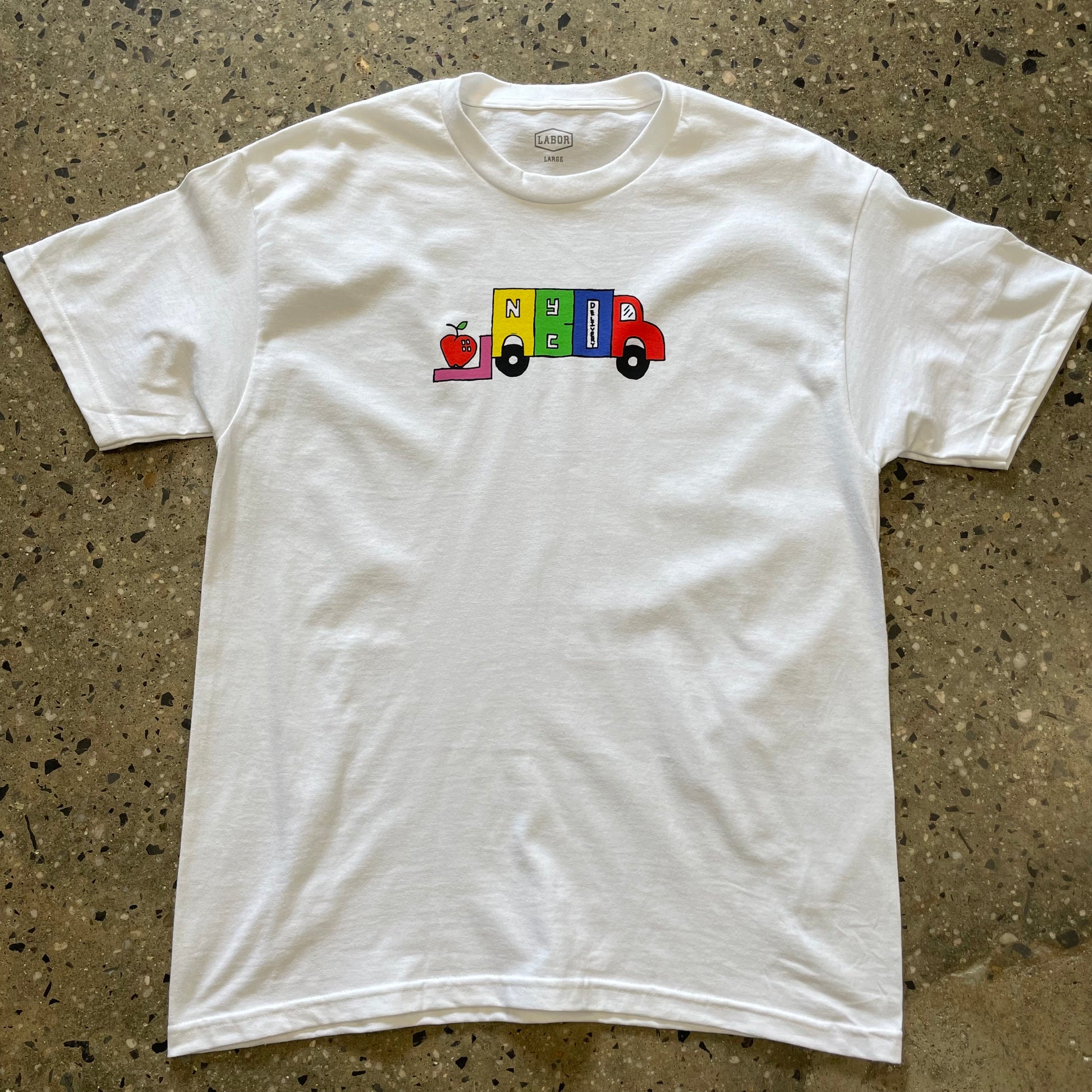 Labor Multi color box truck logo printed in center chest of white t-shirt