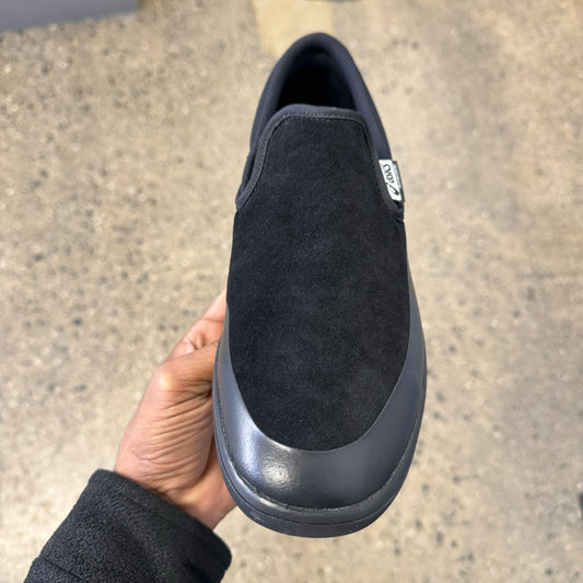 black suede slip on sneaker with black sole, front view